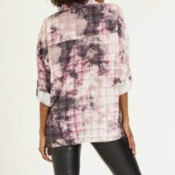 Dear John Arianna Plaid Tie Dye Button Down Roll Tab Sleeves Lightweight Blouse - Picture 3 of 13